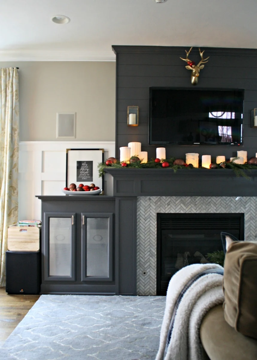 fireplace with built ins for electronics