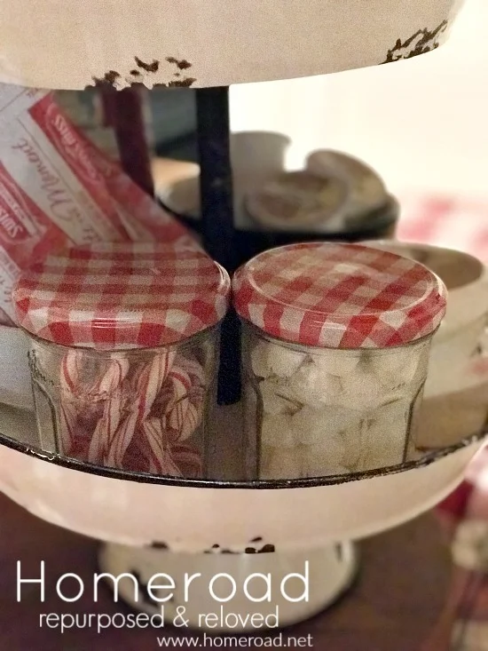 Recycled jars for candy canes and mini marshmallows