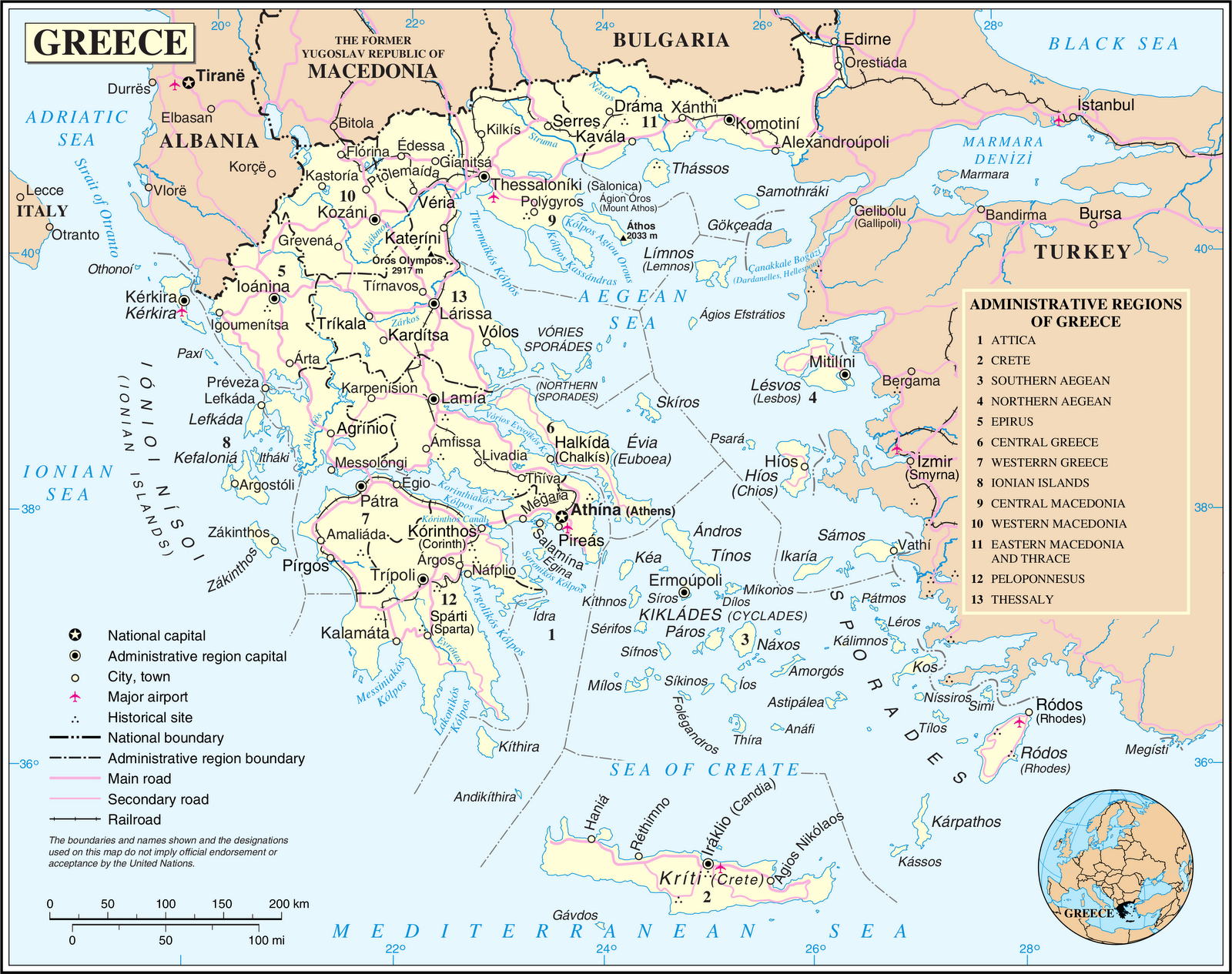 Kaart topografie Zuid-Europa: Griekenland en Athene