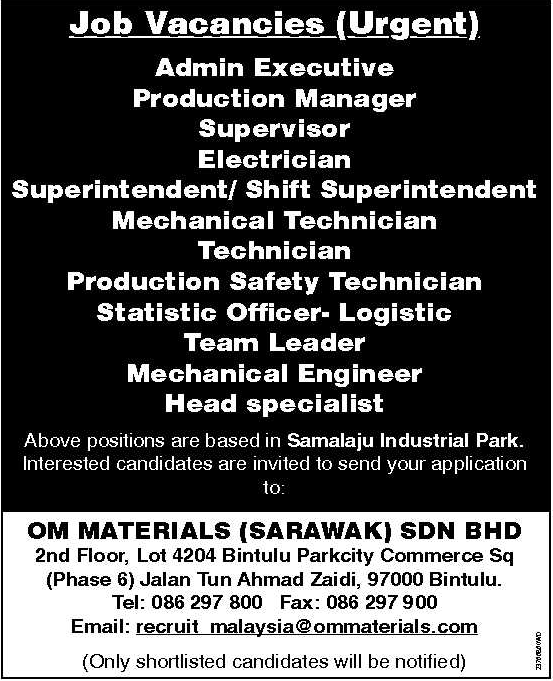 Oil Gas Vacancies Vacancies Om Materials Sarawak Sdn Bhd Bintulu