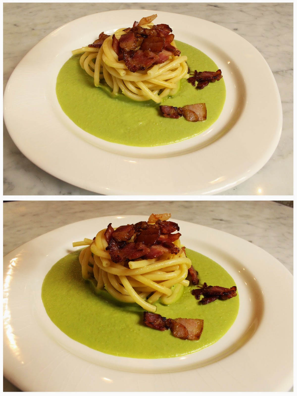 Cooking with Giugizu peas sauce and crispy bacon bucatini (bucatini