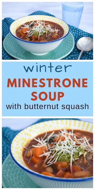 An easy winter minestrone soup inspired by Ina Garten (the Barefoot Contessa). The perfect filling starter or dinner. Suitable for vegetarian, dairy-free and vegan diets. #minestronesoup #winterminestrone #butternutsquashsoup #vegansoup #soupwithpesto #soupwithbeans #dairyfreesoup #soup #butternutsquash #spinach #carrots #cannellinibeans