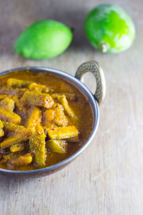Hagalkai Mavinkai Gojju Bittergourd Raw Mango Curry Karela Kacche Aam sabzi vegan gravy stew bittermelon indian