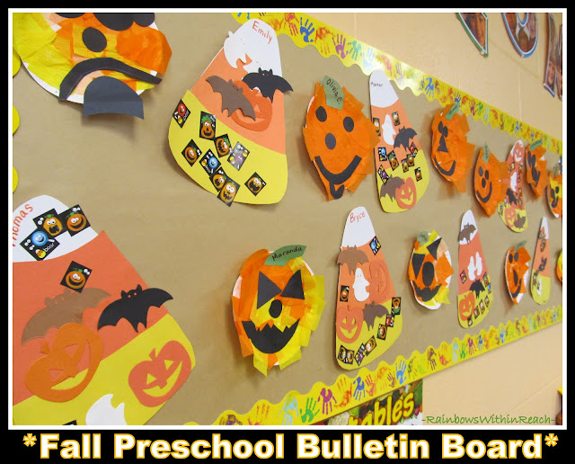 photo of: Fall Bulletin Board for Halloween w Jack-o-Lanterns and Candy Corn (Fall RoundUP via RainbowsWithinReach) 