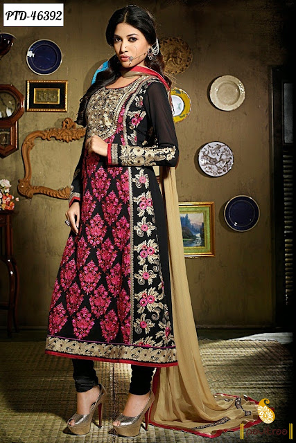 Black color georgette anarkali salwar suit online shopping for diwali and karva chauth festival with discount offer deals in India