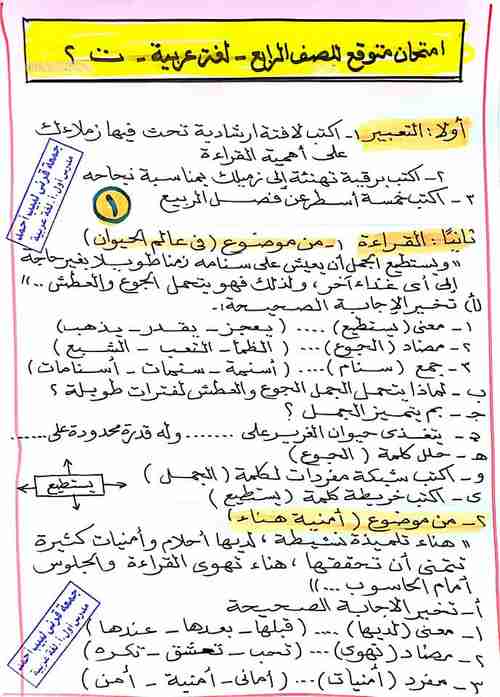 امتحان عربى متوقع للصف الرابع ترم ثانى 2019 - موقع مدرستى امتحان عربى متوقع للصف الرابع ترم ثانى 2019 - موقع مدرستى