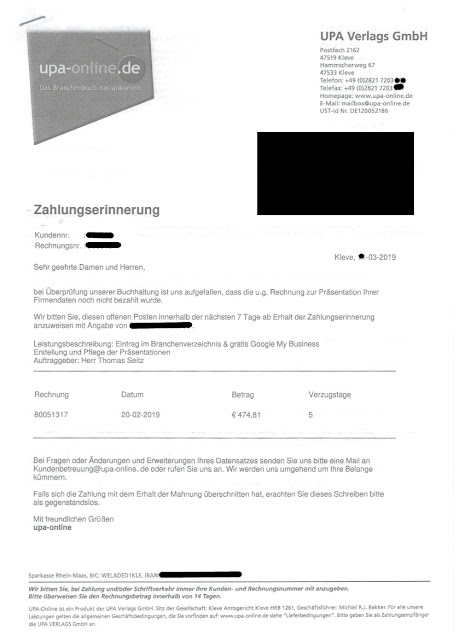 Zahlungserinnerung UPA Verlags GmbH / März 2019