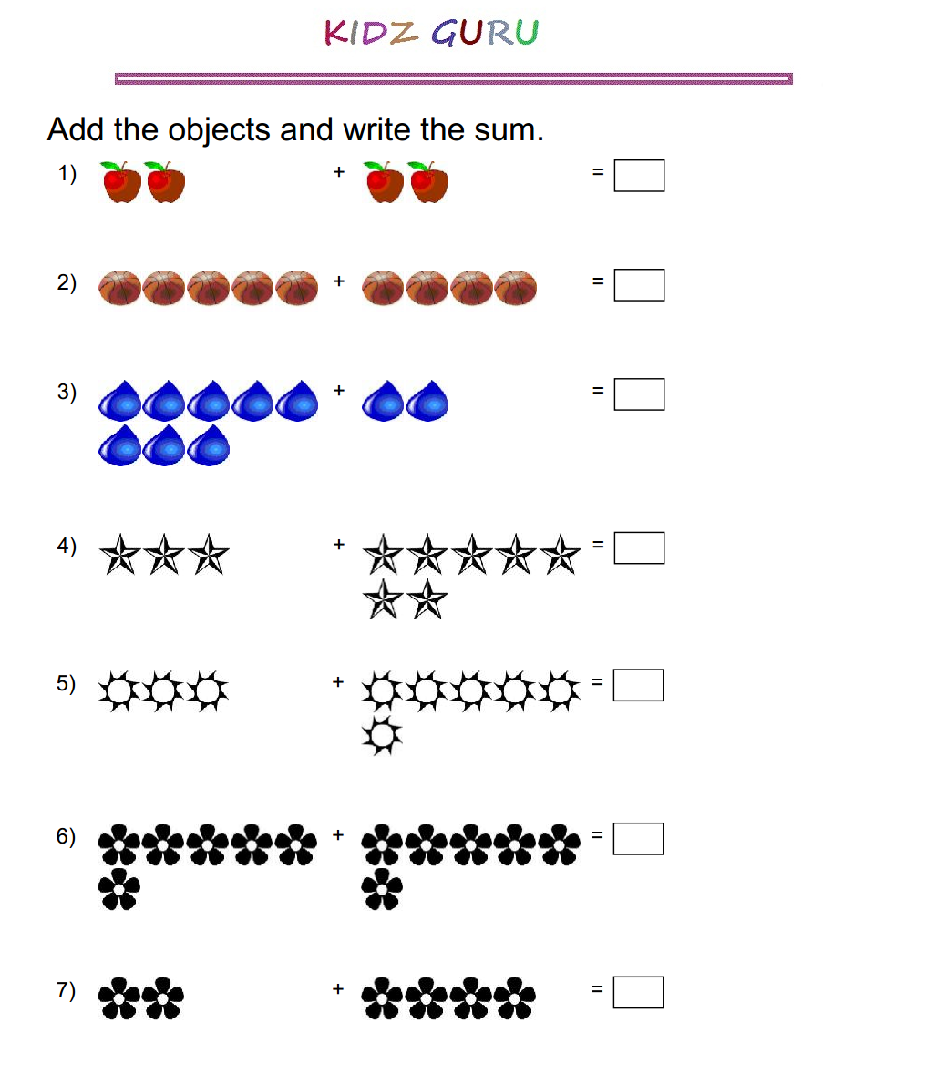 Kindergarten Worksheets - Addition Using Objects & Pictures ...