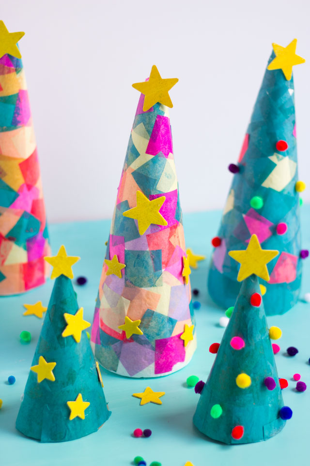 Turn foam cones into Christmas trees with tissue paper squares! #conetrees #christmastreecraft #christmascraft #foamconecraft #kidschristmascraft #modpodgecraft Turn foam cones into Christmas trees with tissue paper squares! #conetrees #christmastreecraft #christmascraft #foamconecraft #kidschristmascraft #modpodgecraft