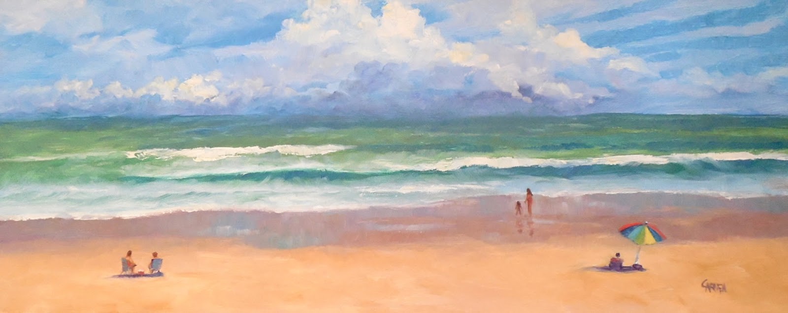 Carmen Beecher Beach Scene, 20x7.5 Oil Painting Seascape on Panel, Framed