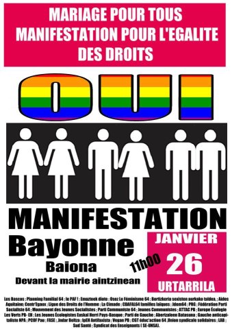 Manifestation citoyenne pour l'égalité: SAMEDI 26 JANVIER 11H A BAYONNE,  PLACE DE LA LIBERTÉ