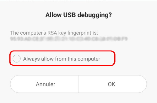 Autoriser débogage USB Mi4i