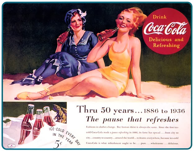 Cartaz promocional da Coca-Cola em 1936. Comemoração de 50 anos de mercado.