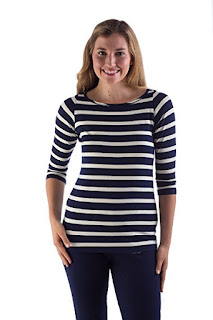 Navy and white striped 3/4 sleeve boatneck top