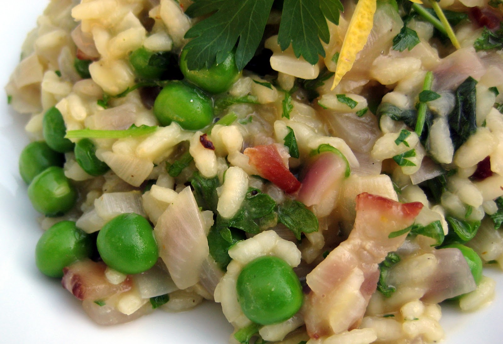 Cook Food. Mostly Plants. Spring Pea Risotto with Pancetta and Lemon