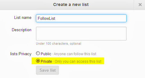 Twitter Create a new list dialogue