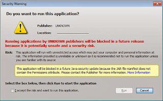 Bad new Java Security Warning - Do you want to run this application? Running applications by UNKNOWN publishers will be blocked in a future release because it is potentially unsafe and a security risk. This application will run with unrestricted access which may put your computer and personal information at risk. The information provided is unreliable or unknown so it is recommended not to run this application unless you are familiar with its source. Select the box below, then click Run to start the application. I accept the risk and want to run this application