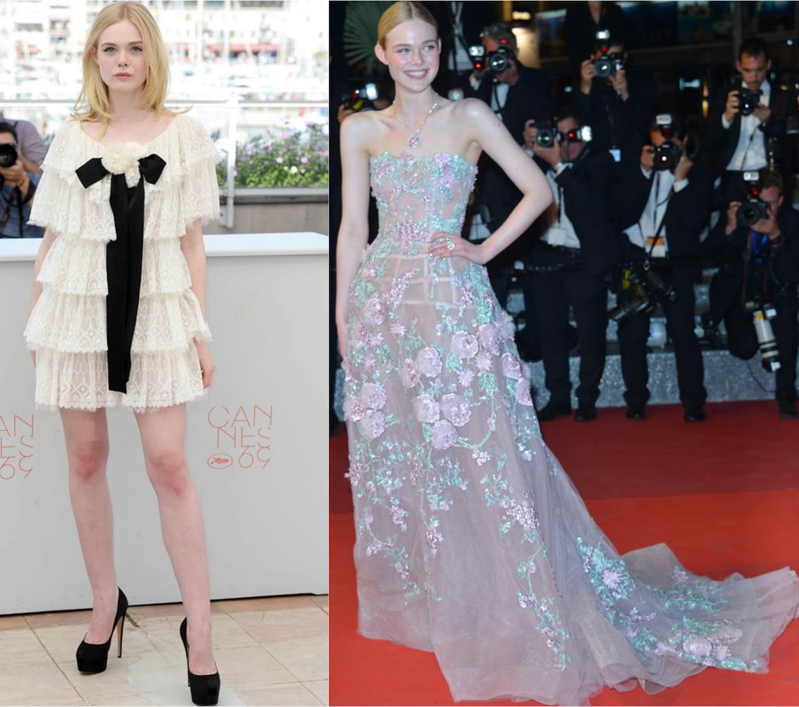 Elle Fanning in Chanel & Zuhair Murad Couture at The Neon Demon 69th Cannes  Film Festival Photocall & Premiere