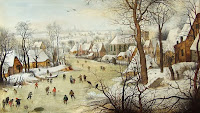 Питер Брейгель Младший, 1565 г. "Зимний пейзаж с конькобежцами и ловушкой для птиц".