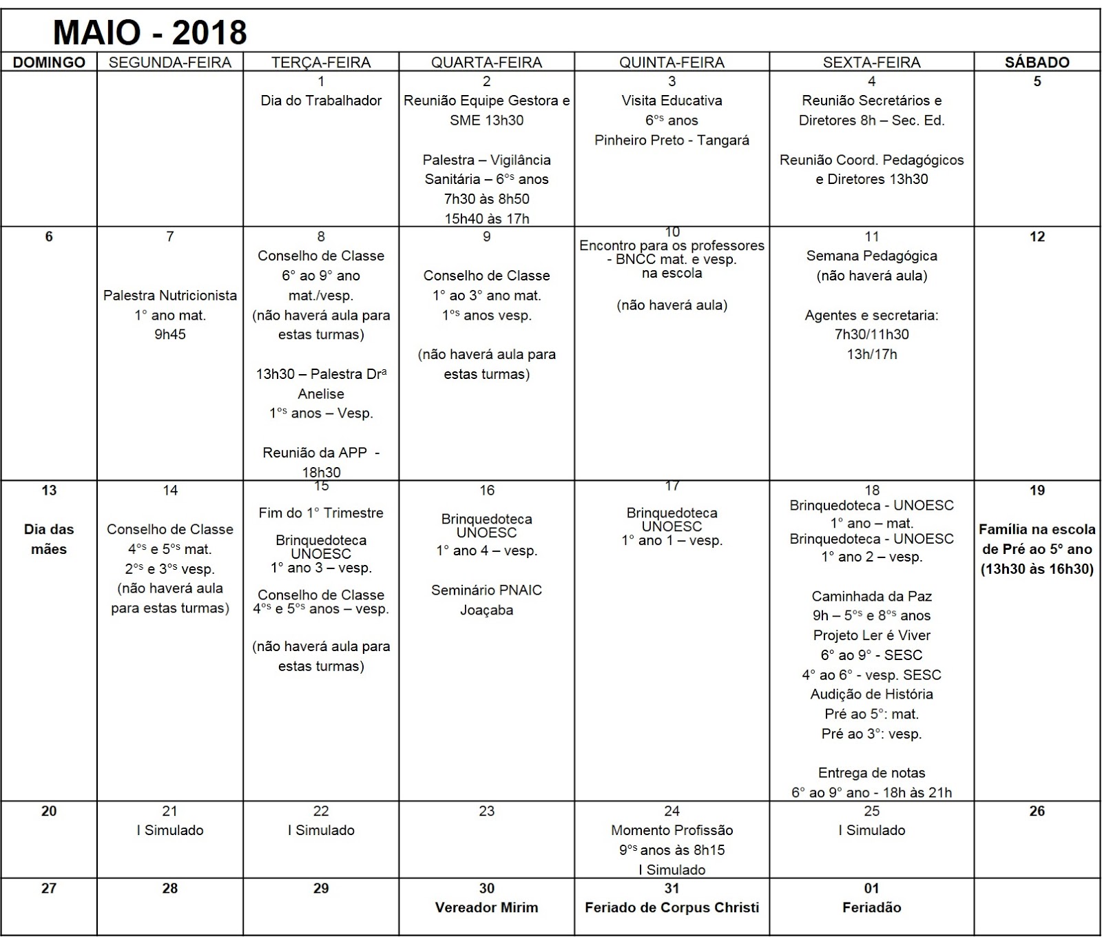 calendrio maio 2018
