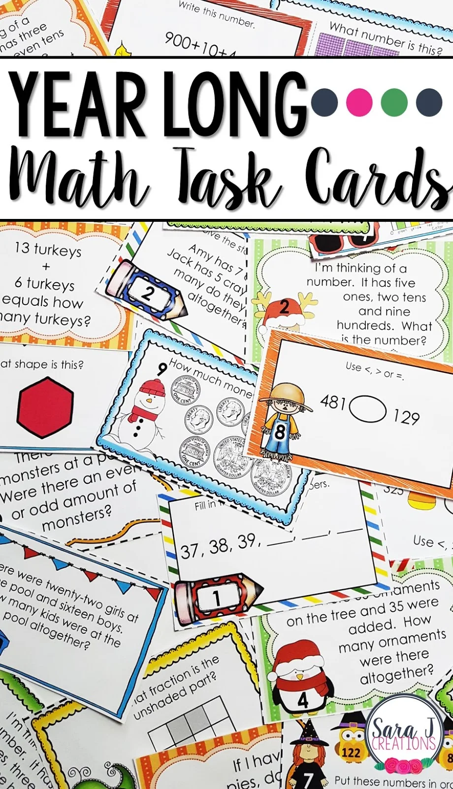 Math task card bundle for the whole year includes holidays and seasons celebrated during the school year. Great way to review place value, addition, subtraction, story problems, fractions and more!