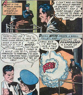 Detective 221 panels: stage magician-detective Mysto vanishes in a puff of smoke as he proceeds to new clues
