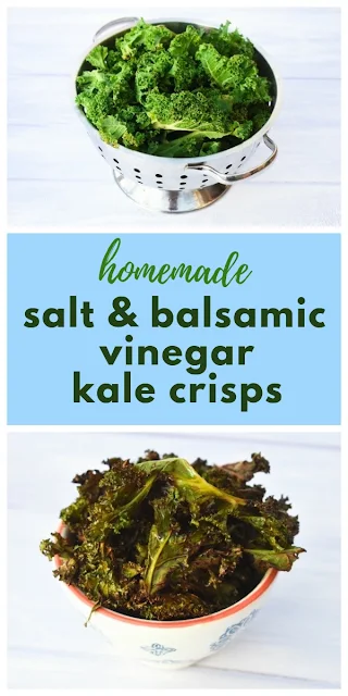 An easy recipe for homemade salt and balsamic vinegar crisps. The crisps are 121 calories per portion and packed with nutrients. #kalecrisps #kalechips #healthycrisps #healthychips #snacks #healthysnacks #vegansnacks #veganuary #kale #curlykale #balsamicvinegar