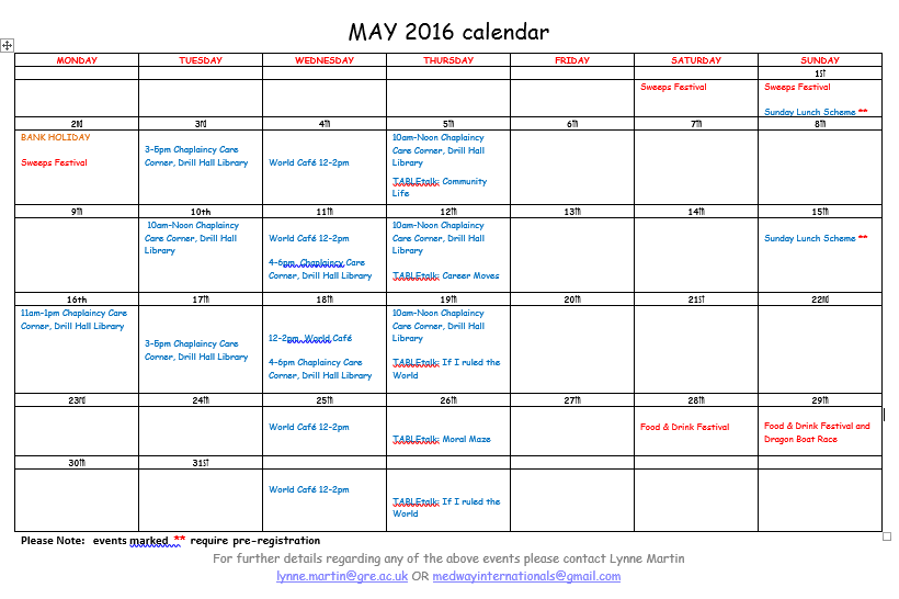 Medway Students May Calendar