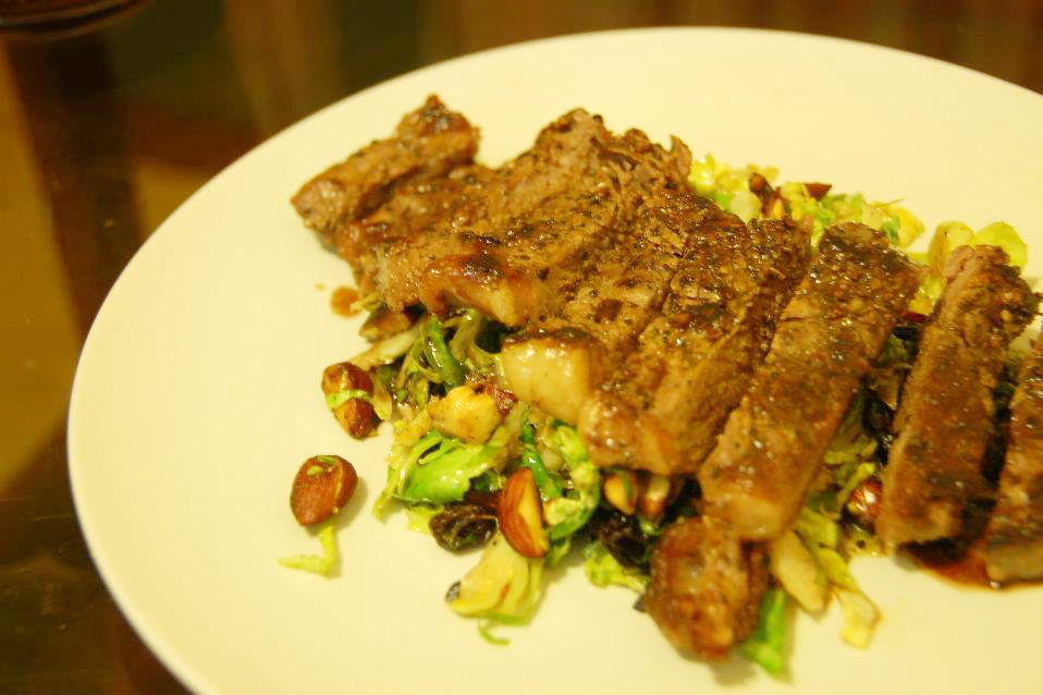 Sirloin Steak with Red Wine Sauce and Nutty Buttered Brussels Sprouts