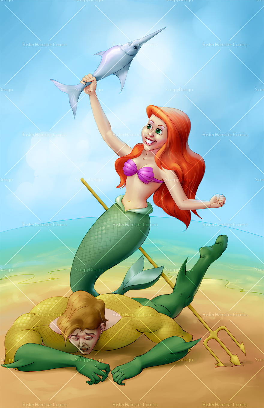 aquaman vs little mermaid fan art painting