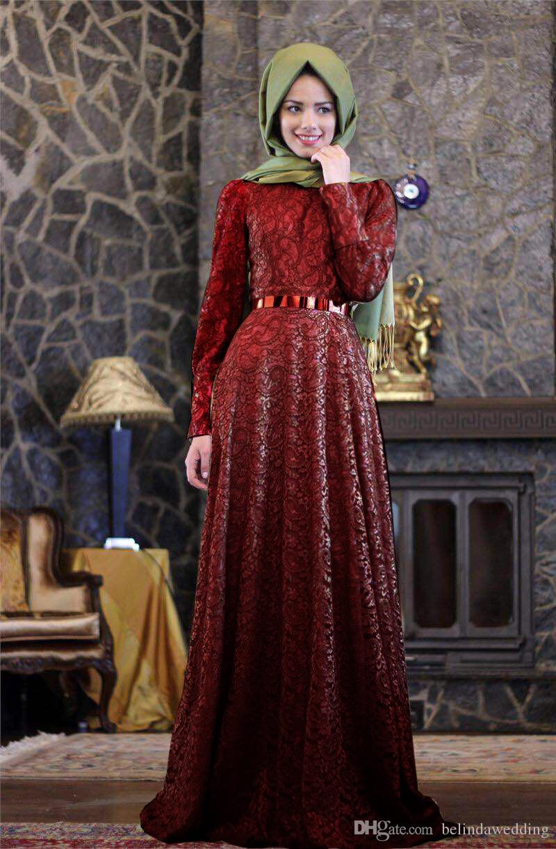 Arabic Dress Burgundy Formal Long Sleeve Muslim Evening Dress 2016 Hijab Abaya Moroccan Kaftan Evening Gown Prom Dresses 