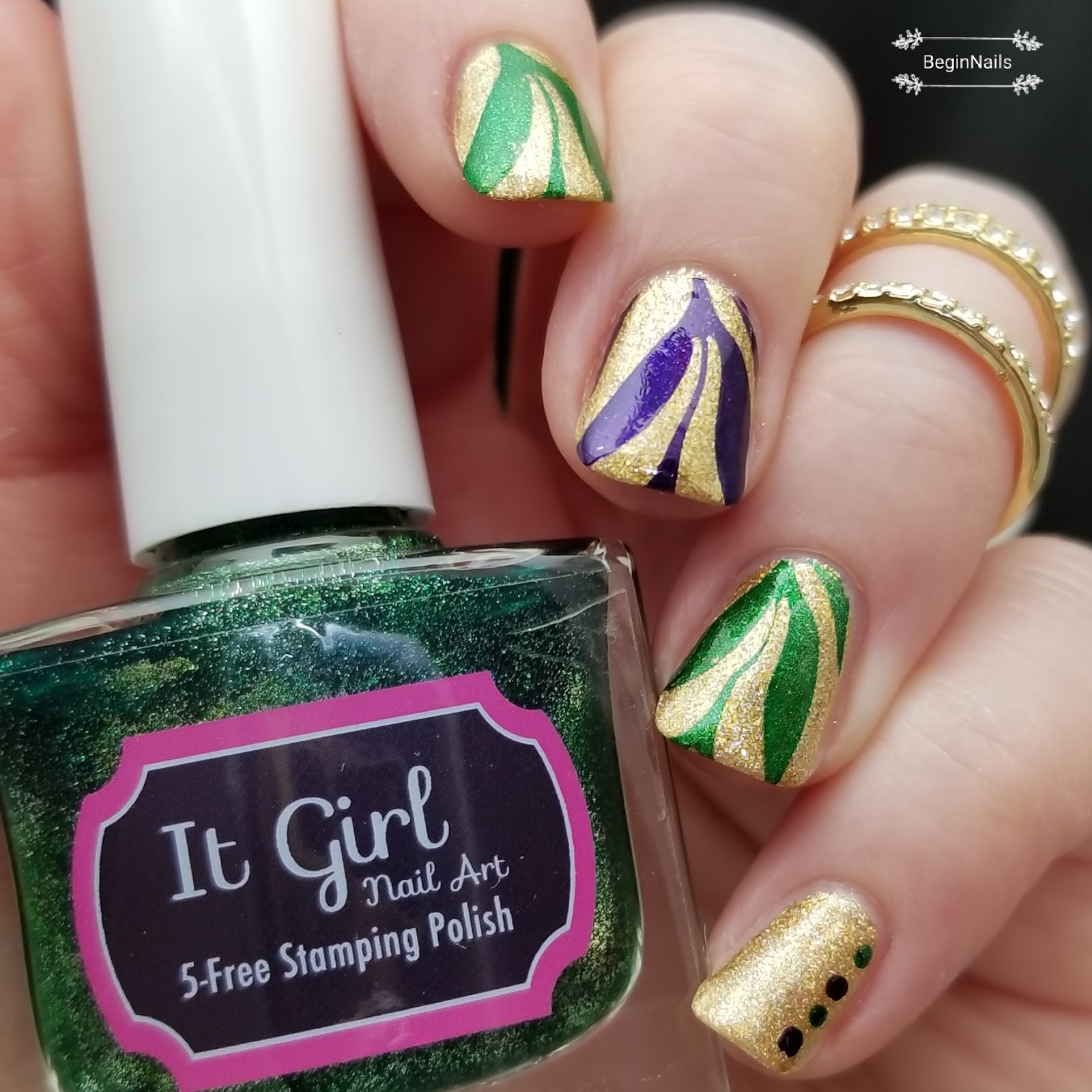 Let's Begin Nails: Purple, Gold and Green Nail Art (All About The Stamp)