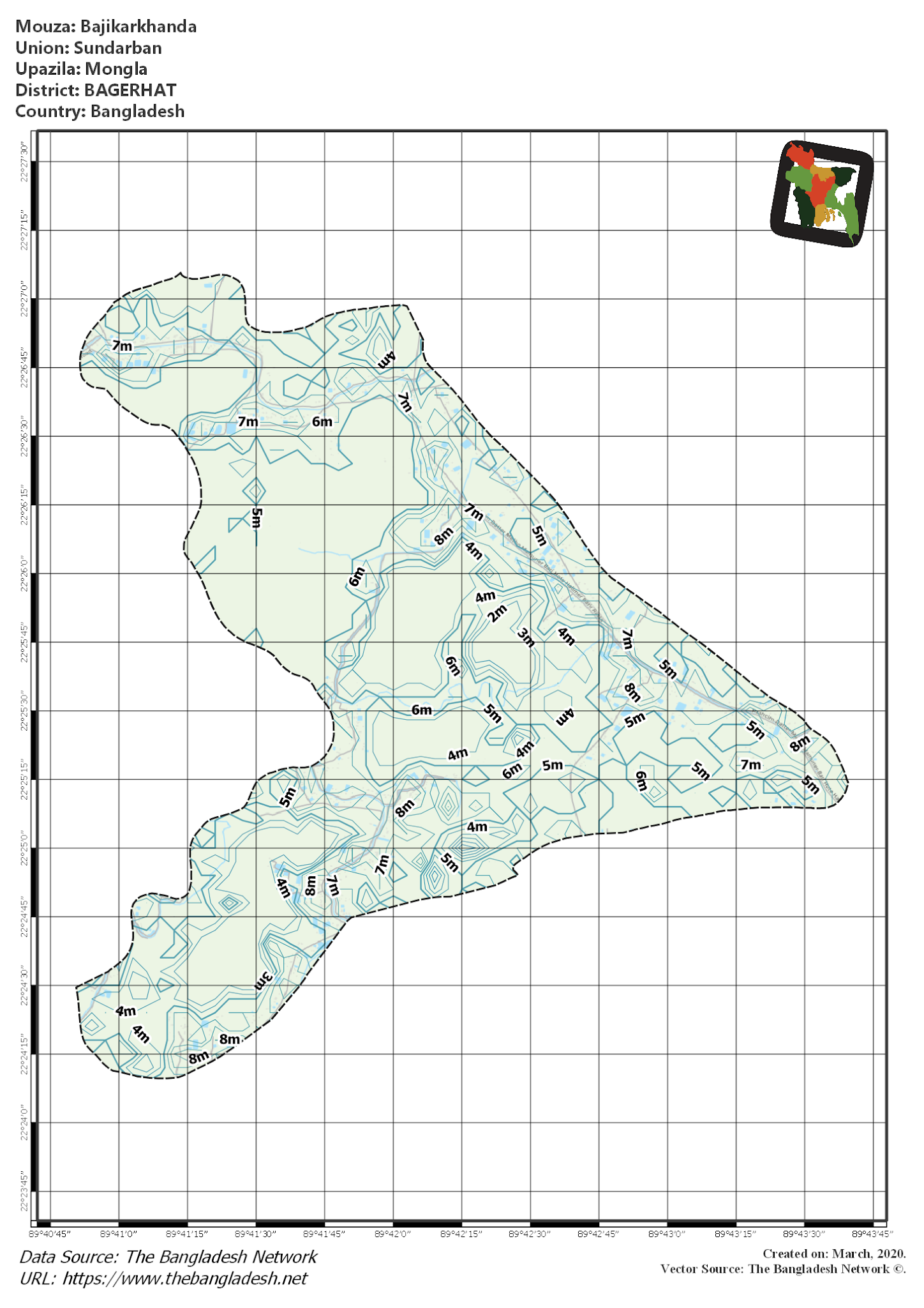 Map of Bajikarkhanda Mouza of Mongla Upazila, BAGERHAT, Bangladesh.