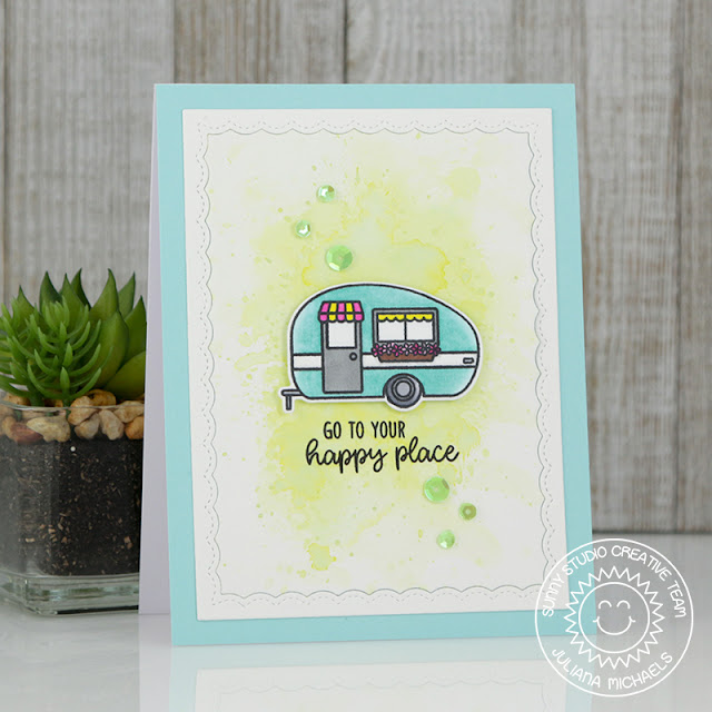Sunny Studio Stamps: Happy Camper Ink Smooshed Background Happy Place Card by Juliana Michaels