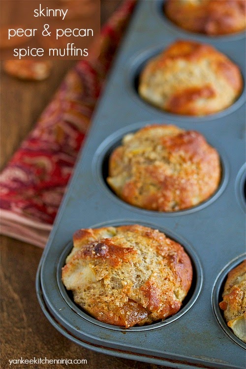 skinny pear and pecan spice muffins, studded with candied ginger bits