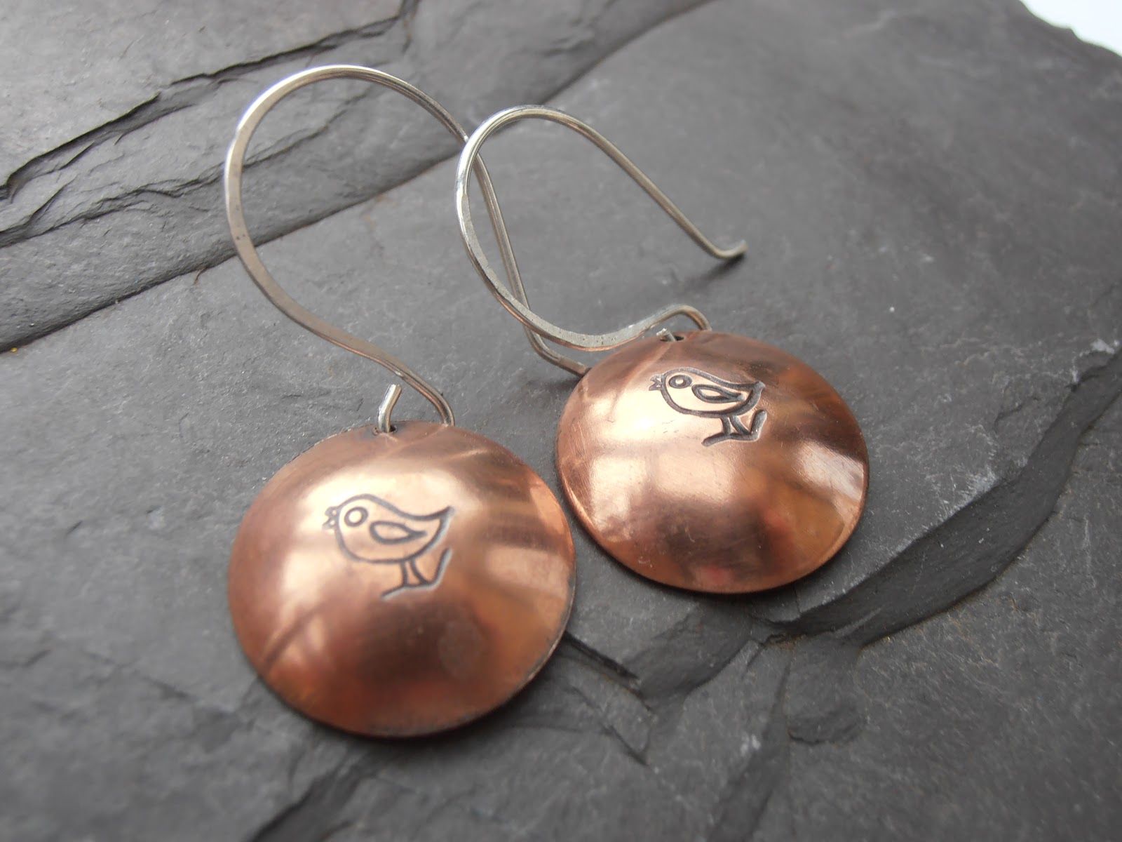 LITTLE RED ROBIN Copper Bird Earrings Metal Stamped