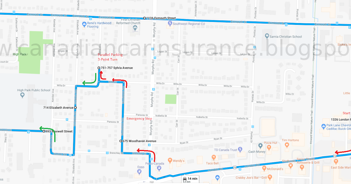 Sarnia G2 Road Test Route Maps