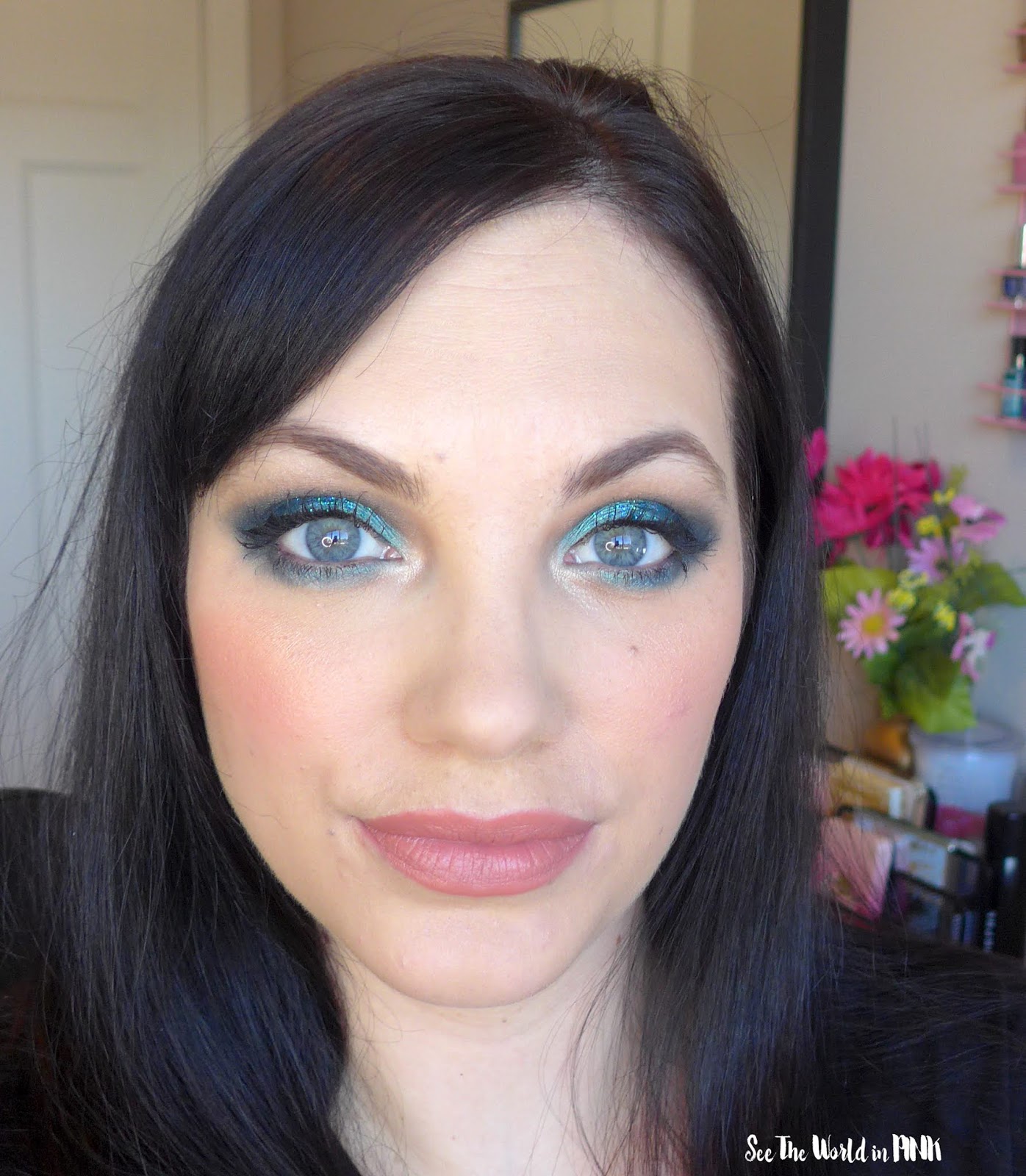 January Shop My Stash Teal Turquoise Glittery Eyeshadow Look | See the World in PINK