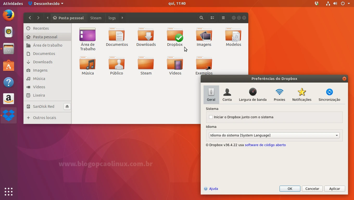 Cliente Dropbox executando no Ubuntu 17.10