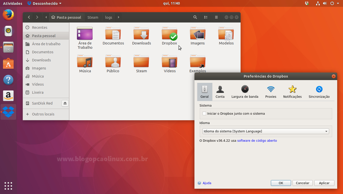 Cliente Dropbox executando no Ubuntu 17.10