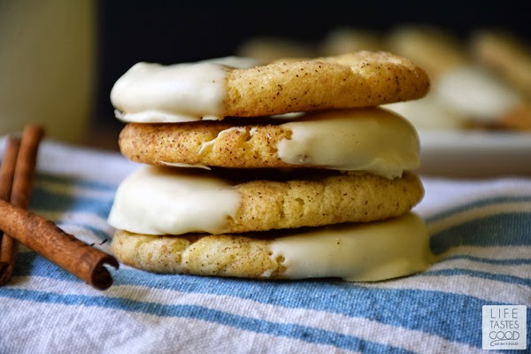 White Chocolate Dipped Snickerdoodles | by Life Tastes good are sweet cinnamon sugar cookies dipped in the smooth, creamy goodness of white chocolate! #VanillaWeek