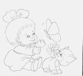 desenho de menininha com gato e borboleta para pintar em fraldas