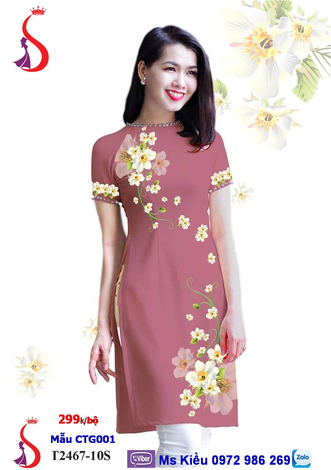 Áo Dài Cách Tân Tay Ngắn Hoa Đào Đẹp Mẫu Ctg001