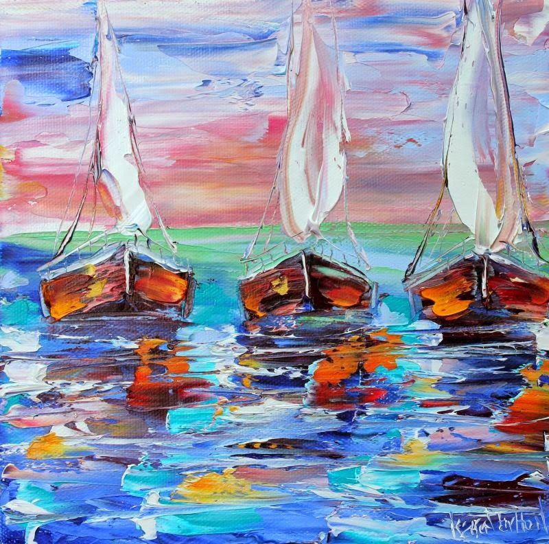 Karen Tarlton Original oil painting Boats at Sea palette knife fine
