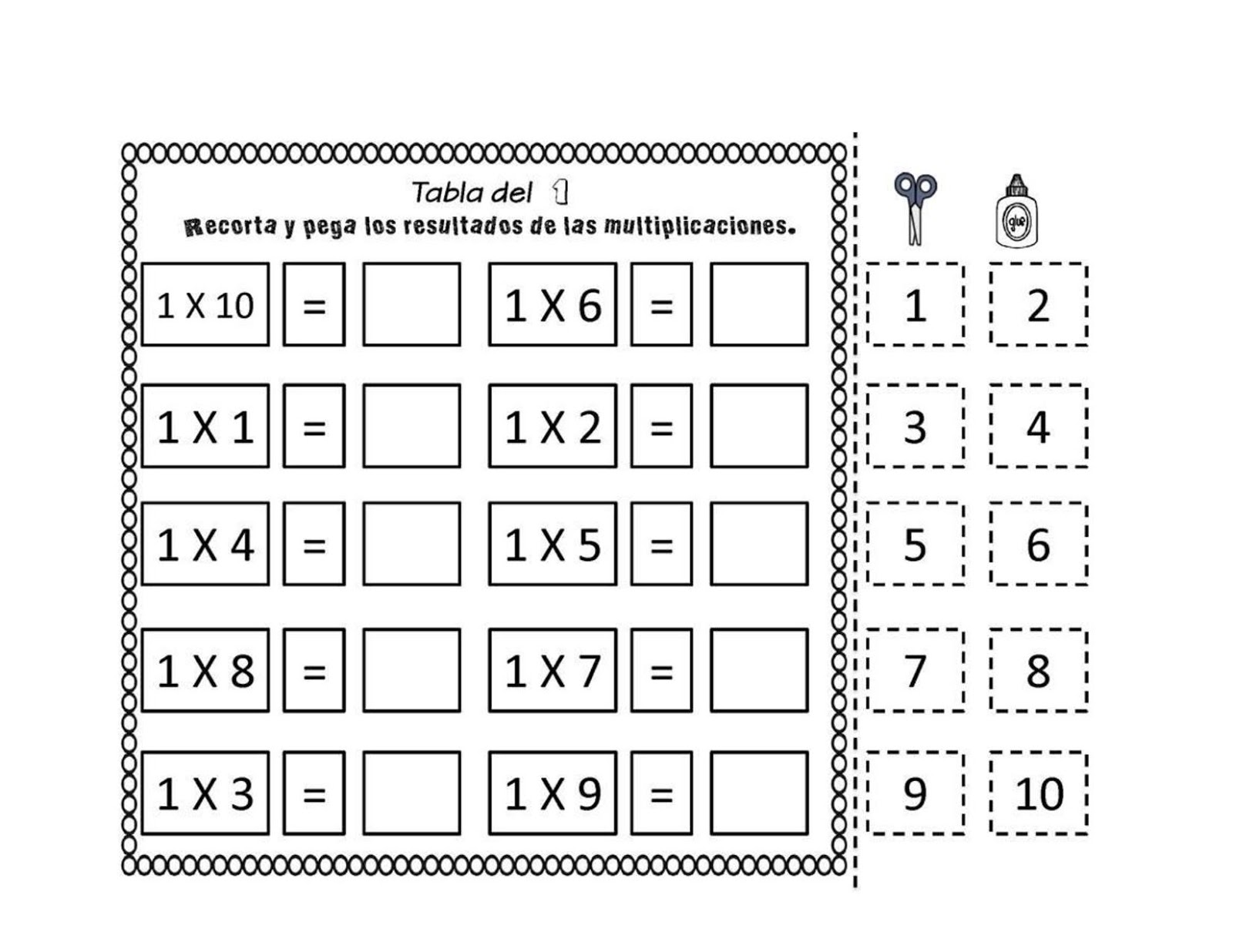 Matemáticas Tablas de recortar y pegar