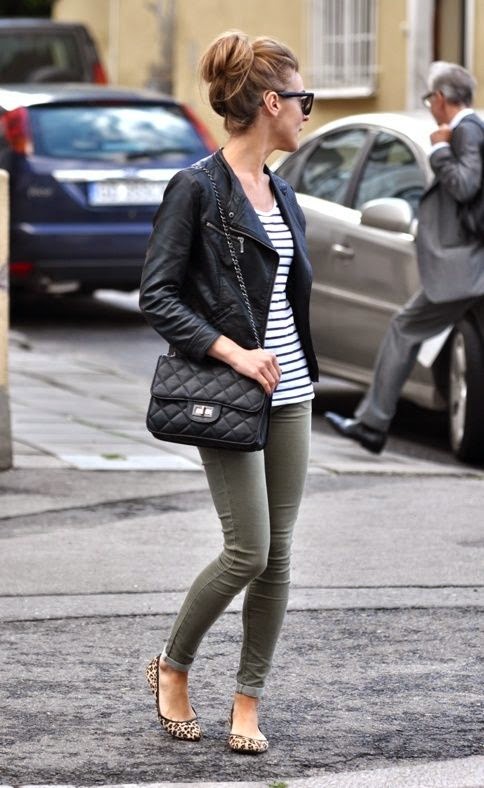 Street style | Striped shirt, leather jacket, khaki pants, flats ...