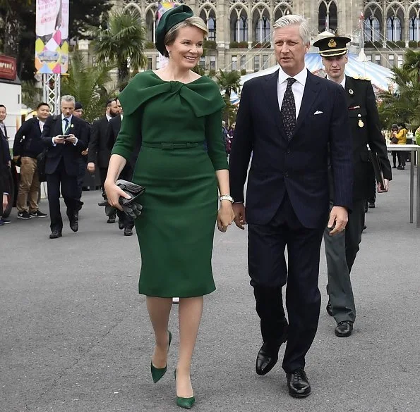 Queen Mathilde, Alexander Van der Bellen of Austria and his wife Doris Schmidauer. Mathilde wore Natan dress