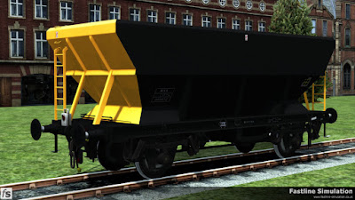 Fastline Simulation: the HEA coal hopper has been recoded as an RNA barrier wagon and has gained Railfreight Coal Sector livery.