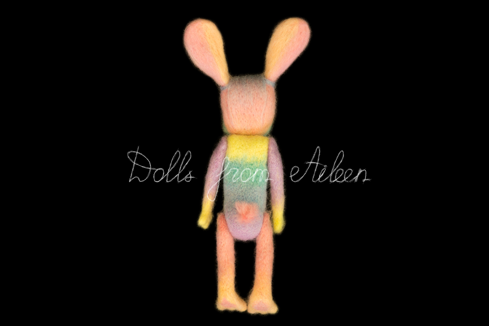 ooak needle felted rainbow bunny, view from behind