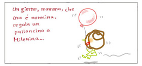 Un giorno, mamma, che ora è nonnina, regala un palloncino a Milenina...